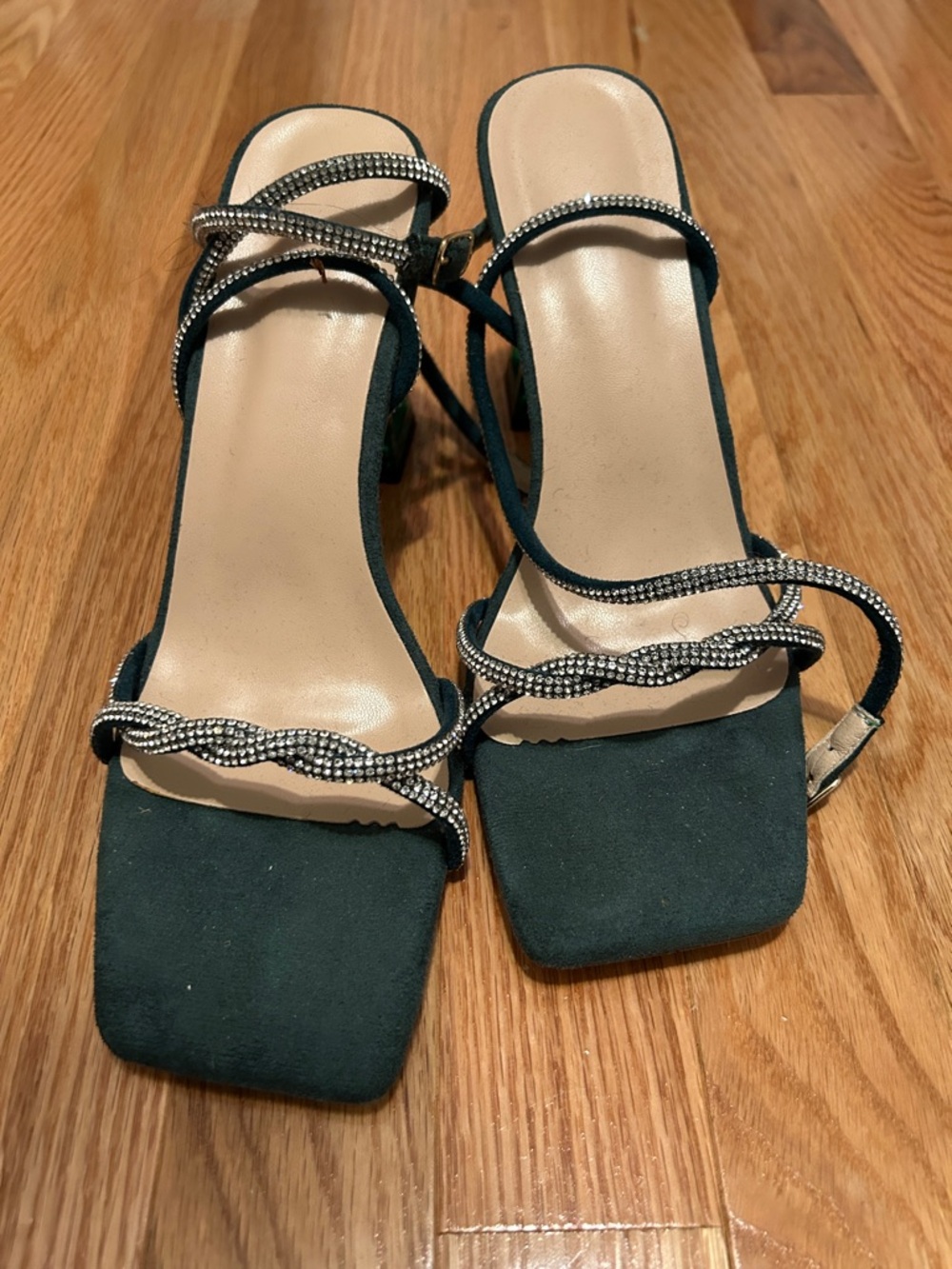 Elegant Dark Green Strappy Heeled Sandals with Rhinestone Accents